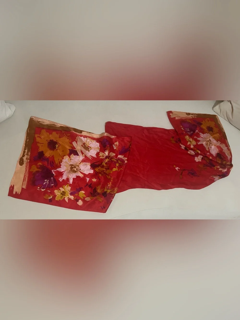 Vintage Anne Klein 100% Silk Scarf Brilliant Red Floral Print Long Rectangular